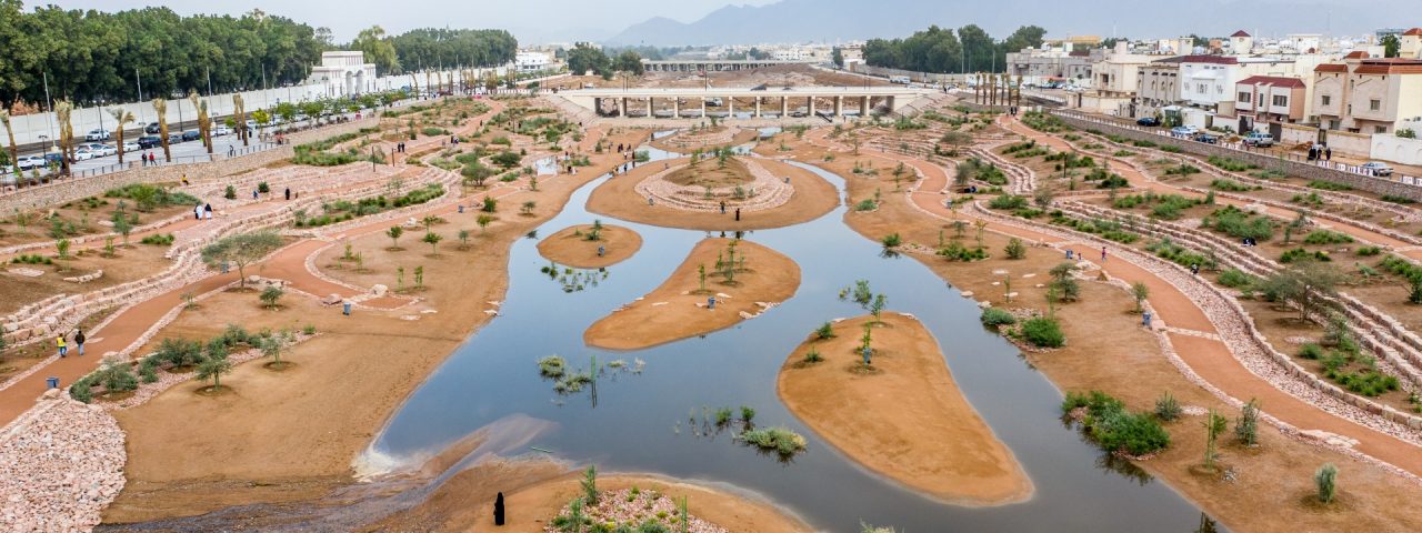 Urban sustainable agriculture in Medina: a natural water landscape surrounded by cultivated greenery.